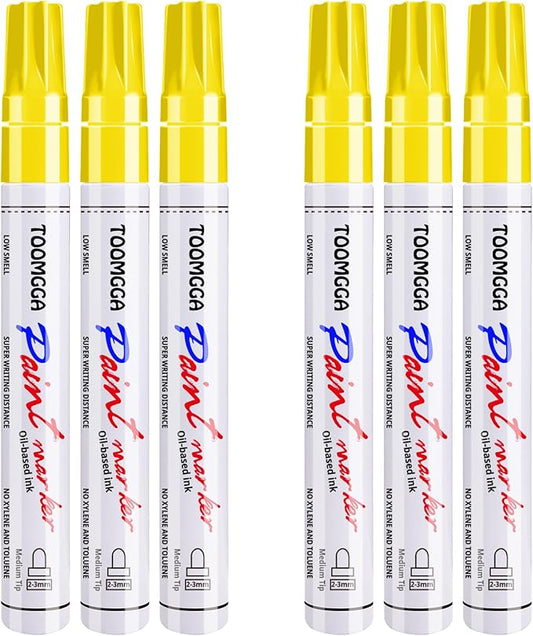 Yellow Permanent Paint Pens Paint Markers - 6 Pack Oil Based Markers, Quick Drying and Waterproof Marker Pen, Car Tire, Metal, Rock Painting, Wood, Ceramic, Plastic, Canvas, Mugs, Medium Tip