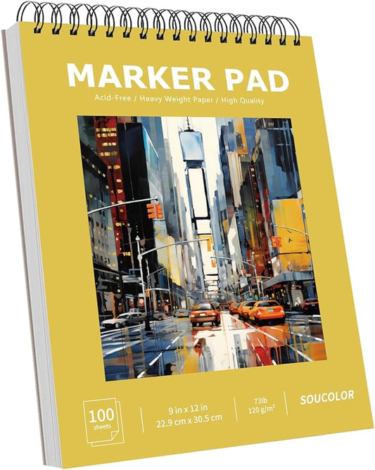 Soucolor 100 Sheets Marker Paper Pad, 9"x12" Bleedproof Art Sketch Pad, 73lb/120gsm Drawing Paper Spiral Sketch Book, Alcohol Marker Paper Painting Coloring Paper for Beginners, Artists, Kids