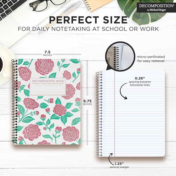 Decomposition Camellias College Ruled Spiral Notebooks – 9.75 x 7.5 Journal with 160 Lined Pages – Cute Notebooks for School Supplies, Home & Office – 100% Recycled Paper – Made in USA