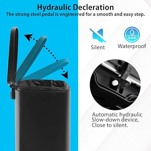 PayLessHere Stainless Steel Trash Can with Lid - Removable Inner Bucket, Foot Pedal Soft Close for Office, Home, Kitchen Garbage Bin (Black, 13 G)