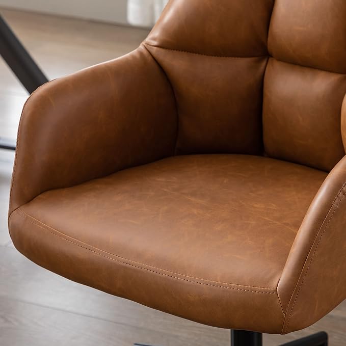 VESCASA Adjustable Home Office Desk Chair with Comfy Square Tufted Mid-Back, Faux Leather 360 Swivel Upholstered Task Armchair with Wheels for Teens Bedroom/Living Room, Brown