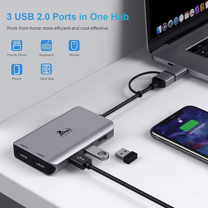 LIONWEI USB 3.0 to Dual HDMI Docking Station for Windows & macOS, USB C Adapter 2 Monitor Splitter for MacBook Pro/Air/M1/M2/Dell/HP/Lenovo/Surface