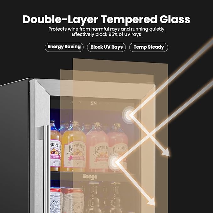 Yeego 15 Inch Beverage Refrigerator – 80 Can Mini Fridge with Glass Door, Built-In or Freestanding Cooler for Home Bar Office