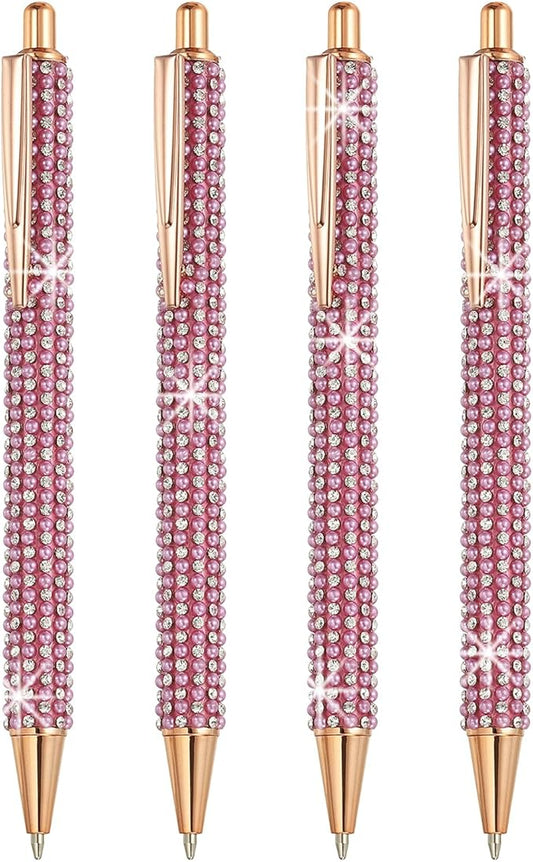 PATIKIL Rhinestone Metal Ballpoint Pen, 4 Pack Crystal Pearl Pens Black Ink 1.0mm Point Sparkly for Women Gift Office Note Taking Journaling, Light Rose Red