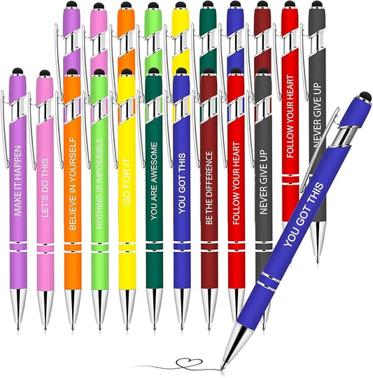 20 Pieces Inspirational Pens, Motivational Ballpoint Pen with Stylus Tip Funny Ink Pens Bulk Inspirational Gifts for Women Coworkers Office Supplies Black Ink