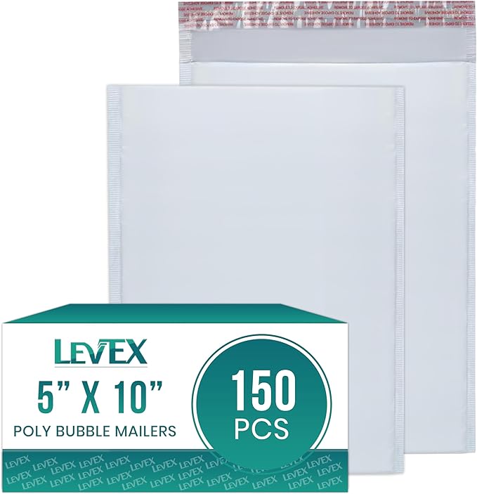 Levex - #00 5" x 10" [150 Pack] Poly Bubble Mailers, Padded Envelope Mailers, Packing Envelope & Mailing Bags for Shipping