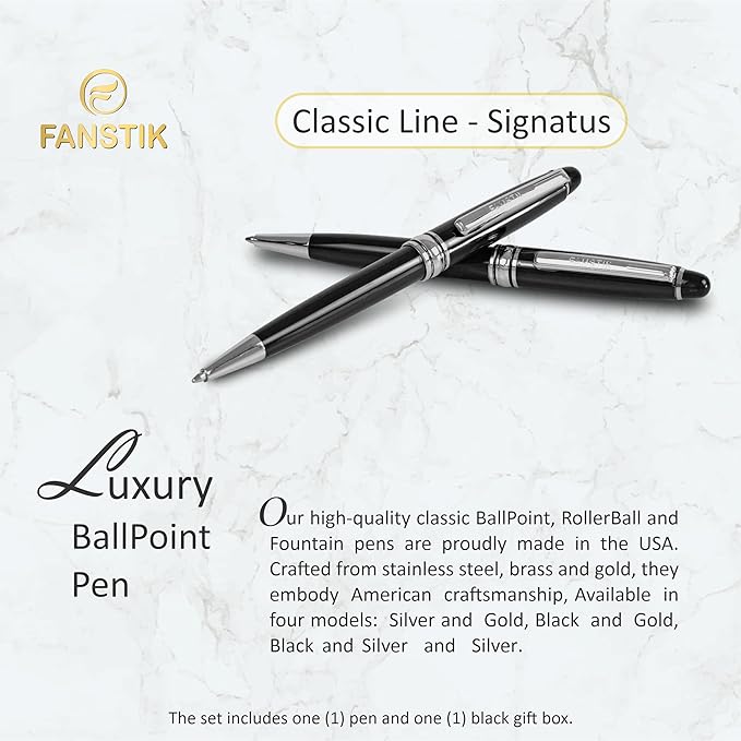 Customized BallPoint pen with name (MADE IN USA), stainless steel, black and silver, luxury engraved pen personalized for men and for women. (BallPoint Black-Silver)