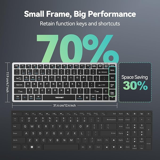 TECKNET Bluetooth Keyboard Rechargeable, 4-Device (2.4G+3BT) Wireless Keyboard, Ultra-Slim Quiet Typing, 14 Hotkeys Computer Keyboard for PC/Laptop/Smart TV/Tablet