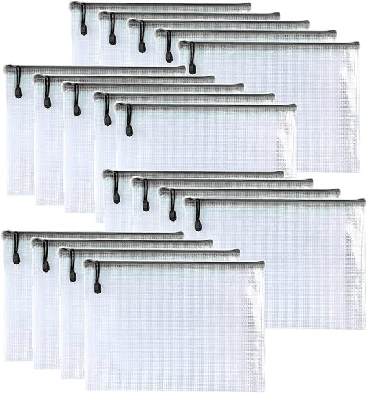 Oaimyy-18PCS-12 x 16 Inches-Mesh Zipper Pouch, Plastic Zip File Folders Puzzle Bags for Organizing,for Office Supplies,Travel,Home Storage-Black, 12"x 16"