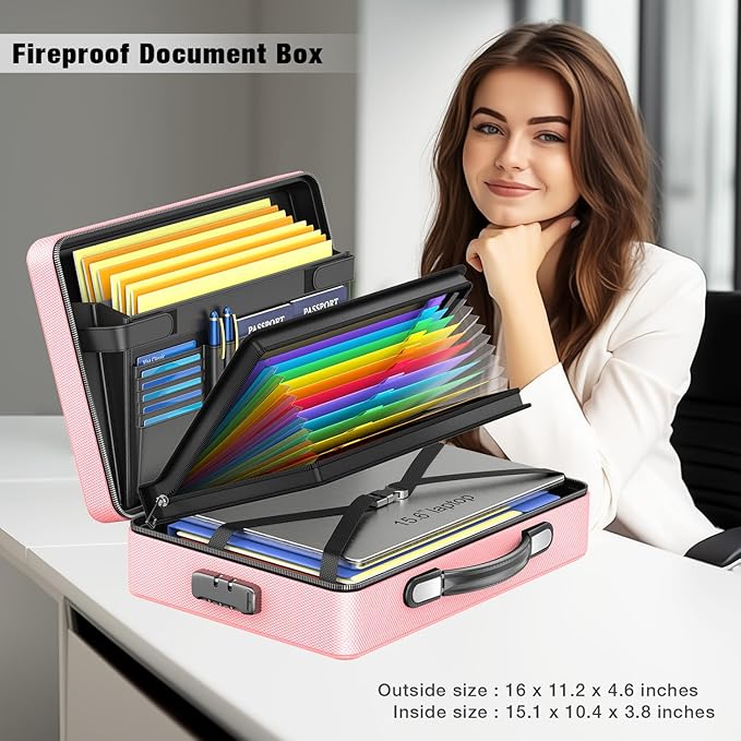 Fireproof Document Box with Fireproof Zipper, Hard Inner Shell Fireproof Document Bag with Lock, Fireproof Water Resistant Important Document Organizer 16 inch Laptop File Briefcase (Pink)