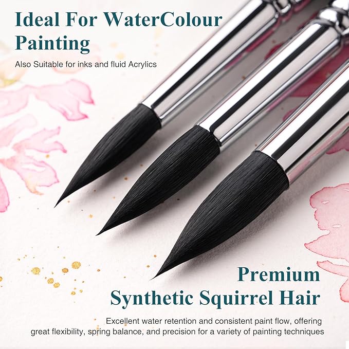 Watercolor Brushes Professional, Fuumuui 9Pcs Synthetic Squirrel Paint Brush Set for Adults Round Pointed Detail to Mop for Watercolor Gouache Acrylic Ink Painting