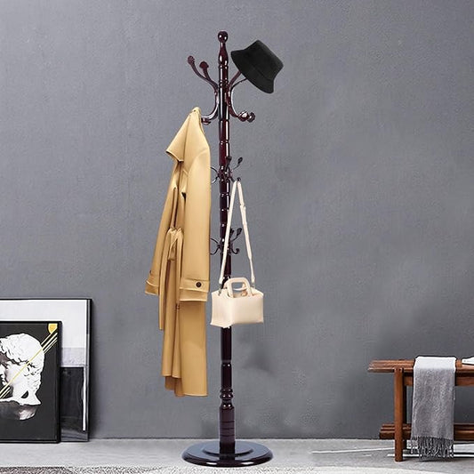 Coat Racks FreeStanding with 14 Hooks, Natural Wood Coat Rack with Solid Round Base, Adjustable Height Coat Racks, Easy Assembly for Hallway, Bedroom and Office (Rosewood Ruyi Hook)