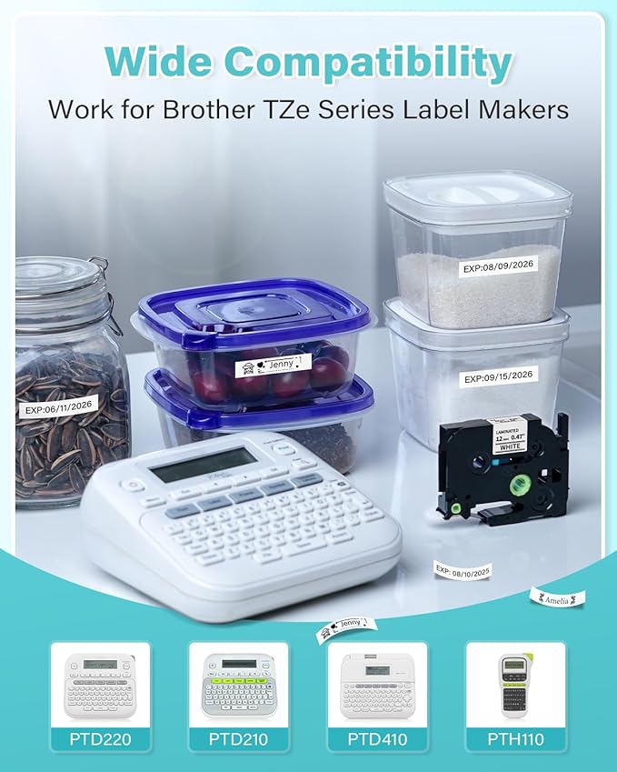 Airmall Compatible with Brother 12mm 0.47 Laminated White Tz Tape Tze Label Maker Tape Refill TZe-231 TZe231 Replace for Brother P Touch D210 D200 D400 1280 1290 1880, Black on White 1/2 Inch, 6-Pack