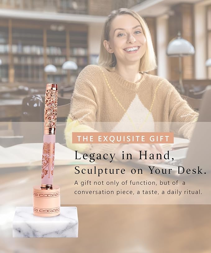 Luxury Fountain Pen Set With Stand - Museum Art Collections - Crafting Timeless Beauty - the Best Gift & Office Desk Decor, German SCHMIDT Fine Nib, Solid Metal & Marble Texture