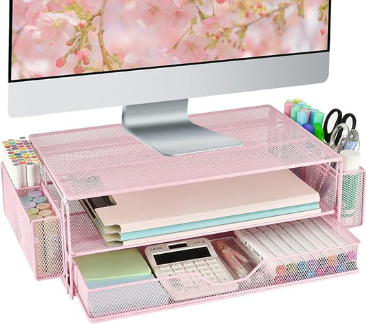 AUPSEN Computer Monitor Stands Riser，2-Tier Desk Organizers and Accessories, Office Desk Accessories Organizer with Drawers and 2 Pen Holder for Office Supplies (Pink)