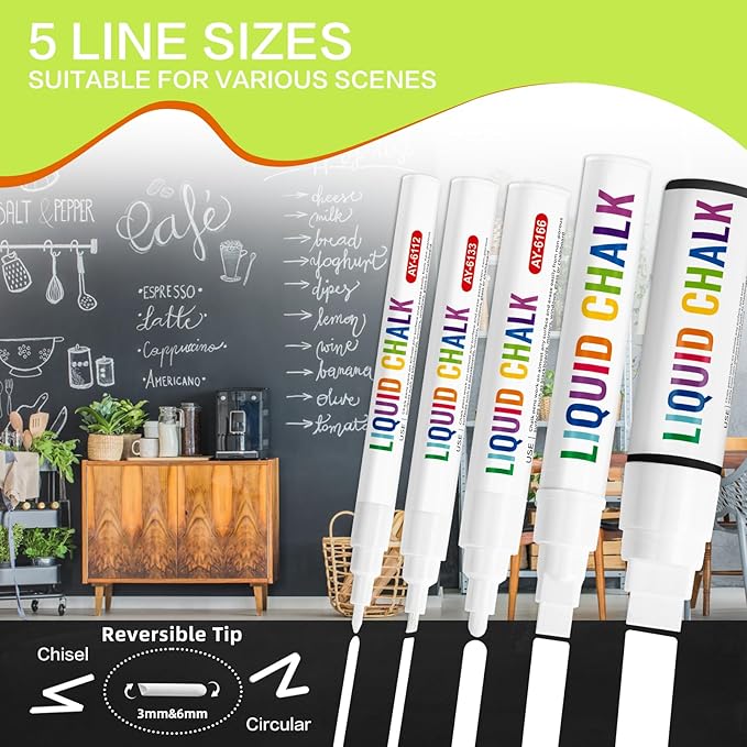 White Chalk Markers For Chalkboard, Liquid Chalk Markers Erasable 5 Variety Pack - 1mm Ultra Fine Tip, 3mm Fine Tip, 6mm Medium, 10mm Bold, 15mm Jumbo For Blackboard, Car Window, Signs, Glass, Bistro