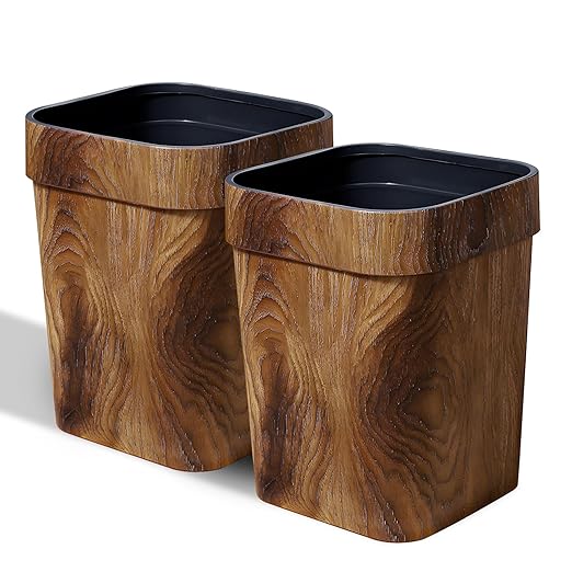 Wood Grain Plastic Trash Can Bedroom, Square 2-Pack, 3.7 Gal Farmhouse Wastebasket Bin Retro Style, Brown Trash Can for Room Aesthetic, Open Top Garbage Can for Office, Living Room, Hotel, Bathroom