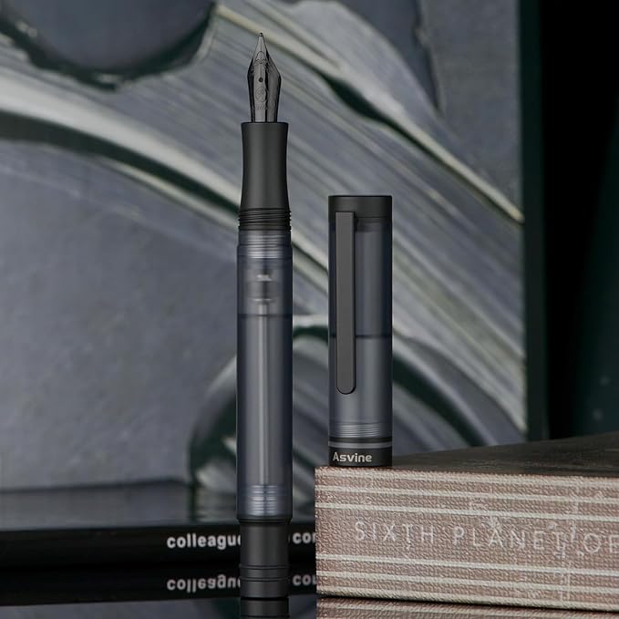 Asvine V200 Titanium Fountain Pen Vacuum Filling, Matte Black Fine Point Transparent Acrylic Smooth Writing Pen Case Set