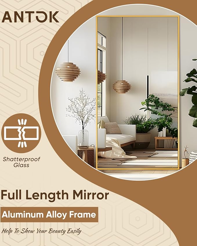 Antok Full Length Mirror, 81"x41" Floor Mirror, Floor Standing Freestanding Full Body Mirror with Stand for Bedroom, Hanging Mounted for Living Room Cloakroom, Gold