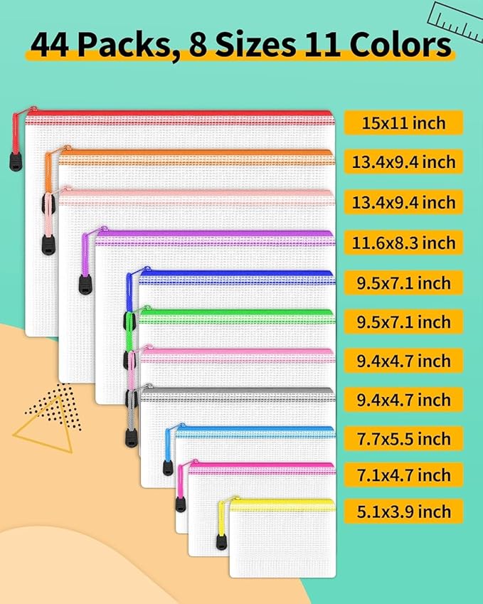 Smarpau 44pcs Mesh Zipper Pouch, 8 Sizes 11 Colors Plastic Bags for Organizing, Multipurpose Waterproof Storage Zip Pouches for Board Game Storage, Travel, Office Supplies