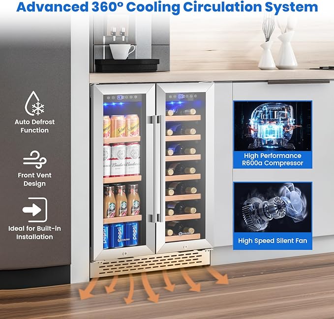 Wine and Beverage Refrigerator, 24 Inch Dual Zone Wine Cooler Refrigerator with Glass Door&Lock Quiet Compressor, Freestanding/Under Counter Beverage Fridge Holds 20 Bottles & 88 Cans for Office/Home