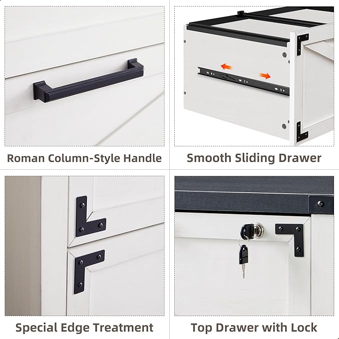 JXQTLINGMU 2 Drawer Farmhouse File Cabinet, Lateral Filing Cabinet with Lock for Home Office, Compatible Legal Letter A4 F4 Size, White
