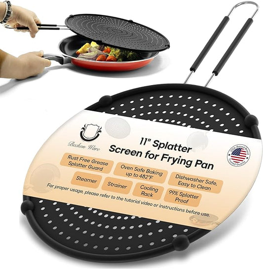 Frying Pan Splatter Screen | USA Brand | 11-Inch Black, Fit Pans (6" to 11") Silicone Grease Splatter Guard for Frying Pan and Stove by Beckon Ware