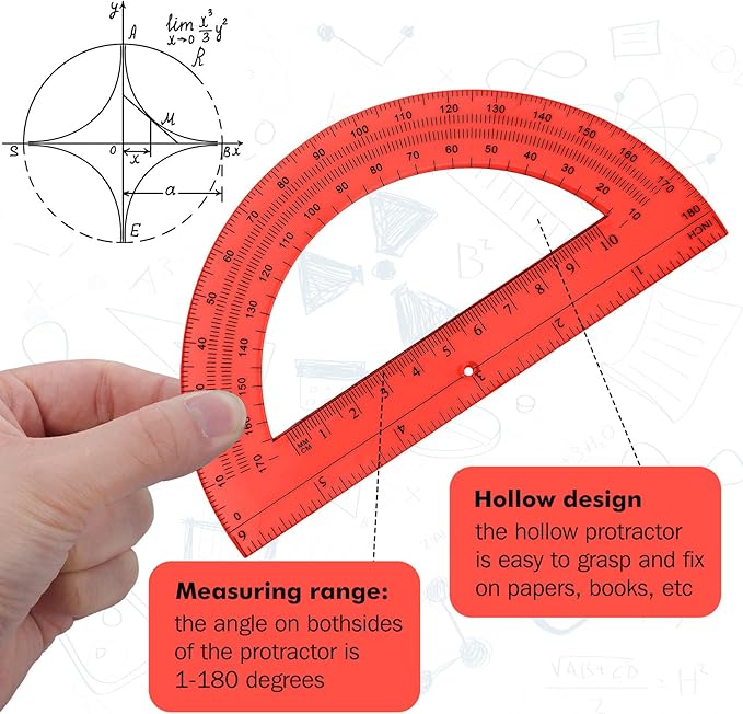 Zonon 2 Pcs 6 Inch Plastic Protractor Math Protractors 180 Degrees Angle Measurement, Translucent for Geometry Classroom Kid Student School Office Supplies(Red)