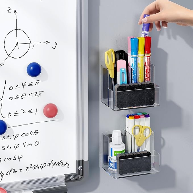 Marbrasse Acrylic Magnetic Pen Holder, 2 Pack Dry Erase Marker Holder, Magnetic Whiteboard Pencil Holders for Refrigerator, Locker, School and Office,Clear