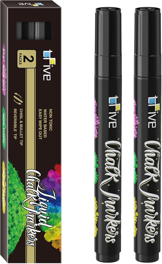 TFIVE Black Liquid Chalk Markers - 2 Pack Bright Colors Erasable Chalk Marker Pens, Reversible Tip, Non-Toxic, for Chalkboards, Signs, Glass, Easy to use Chalk markers TF800