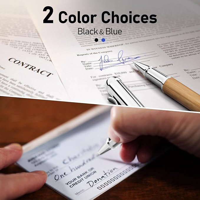 WEMATE Luxury Rollerball Pen Set, Extra 2 Ink Refills(1 Black & 1 Blue), Fancy Writing Pen Nice Office Gift for Men, Professional, Executive, Cool Wooden Pen for Journaling - Oak