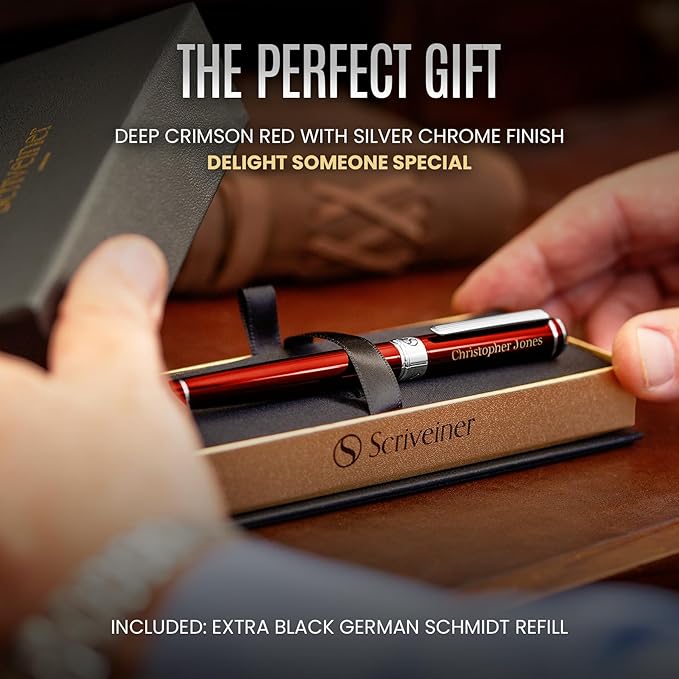 Scriveiner Personalized Deep Crimson Red Pen - Stunning Red Lacquer Luxury Pen with Chrome Finish, Schmidt Ink Refill, Best Engraved Roller Ball Gift Set for Men & Women, Custom Name Engraving