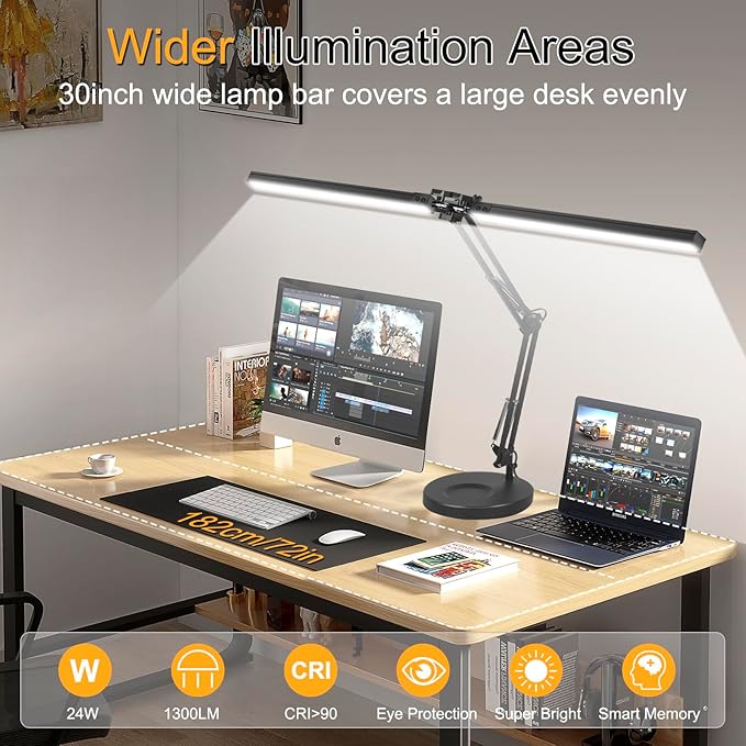 2-in-1 LED Desk Lamp, 24W Brightestwith Table Lamp with Clamp, Desk Light with Flexible Swing Arm,3 Color Modes Stepless Dimmable Double Head Architect Desk Lamps for Home Office Workbench Reading