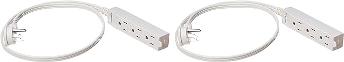Amazon Basics 3-Prong Indoor Rectangle Extension Cord Power Strip, Flat Plug, Grounded 13 Amps, 1625 Watts, 125 VAC, 2-Pack, 3 ft, White