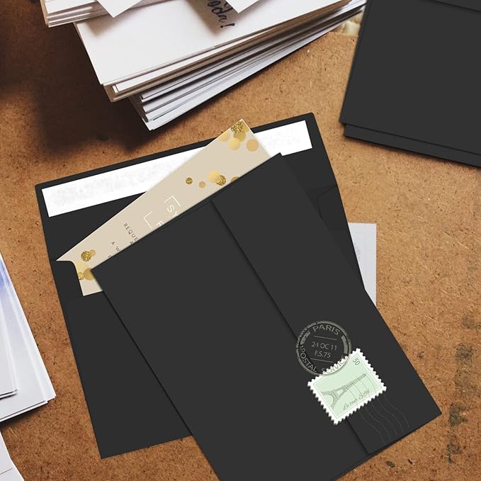 50 Packs 5x7 A7 Envelopes for Invitations, Photos, Greeting Cards - Self Seal for Weddings, Mailing (Black)