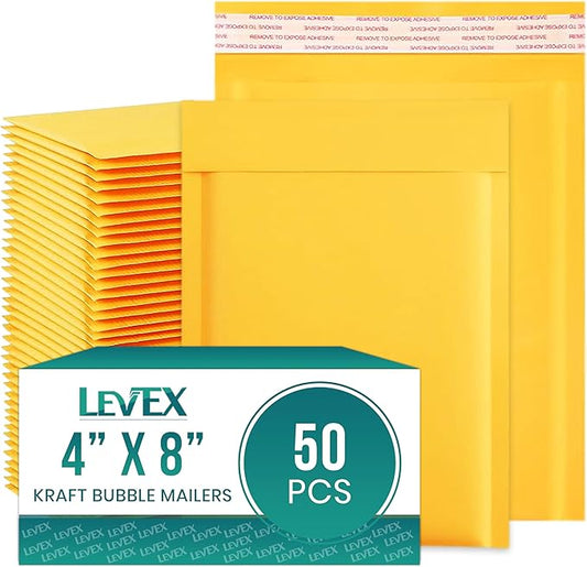 Levex - #000 4" x 8" [50 Pack) Kraft Bubble Mailers, Padded Envelope Mailers, Packing Envelope & Mailing Bags for Shipping