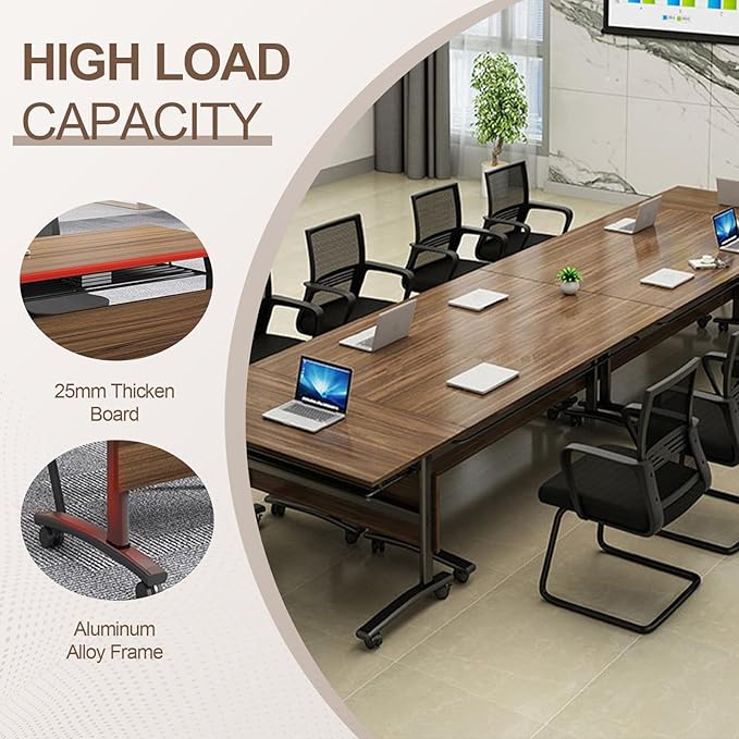 Folding Conference Room Table, Modern Conference Tables with Wheels, Large Rectangular Mobile Training Tables for Office Classroom, Foldable Modular Boardroom Seminar Table Walnut (8pack L55.1in)