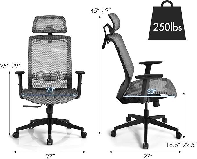 POWERSTONE Ergonomic Mesh Office Chair - High Back Computer Desk Tilt Lock Mesh Seat with Lumbar Support and Clothing Hanger, Executive Swivel Mesh Chair with Adjustable Arms and Headrest (Grey)