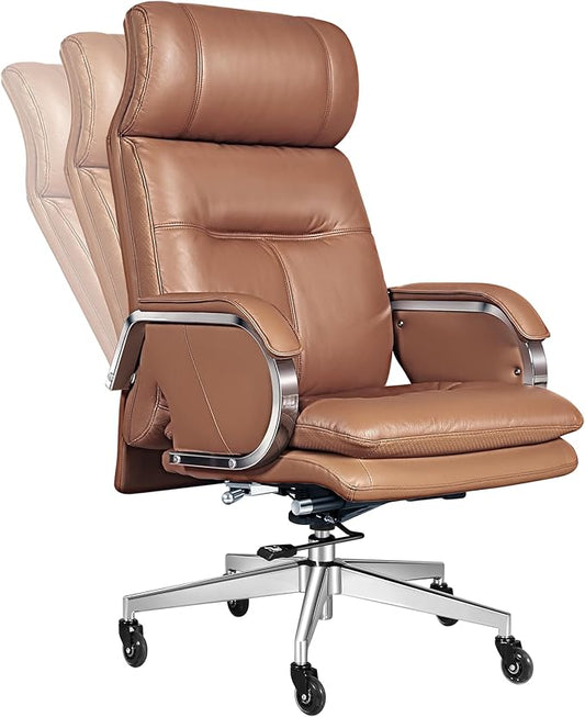 Genuine Leather Modern Executive Chair High-Back Support 90 to 150 Degrees Tilt and Upholstered Home Desk Chair with Base 400LB Capacity Swivel Computer Office Chair (Orange)