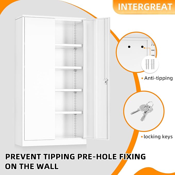 INTERGREAT Garage Storage Cabinets with Doors and Shelves,72" Tall White Steel Locking Cabinets Storage, Metal Cabinet for Home Office, Warehouse, School