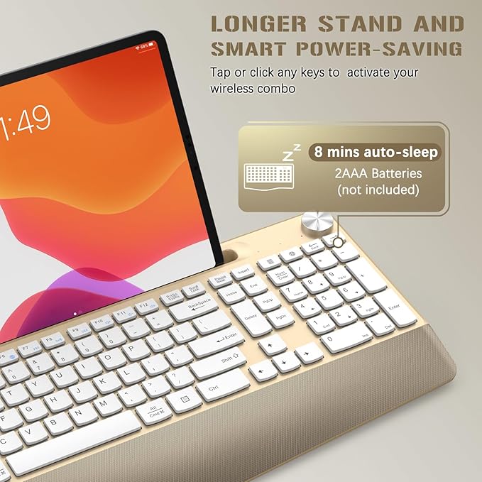 Ergonomic Wireless Keyboard with Wrist Rest-Low-Profile,Phone/Tablet Holder,Quiet Design，Windows & Mac OS，Full Size Cordless USB Computer Keyboard for Desktop,Laptop, PC, Mac, Windows-Gold