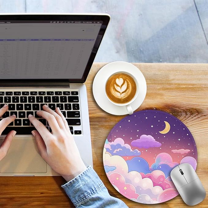 Kawaii Moon Cloud Star Sky Night Mouse Pad, Small Round Mouse Pads for Desk, Mini Travel Mousepad for Wireless Computer Laptop, Pastel Purple Lilac Violet Office Desk Accessories
