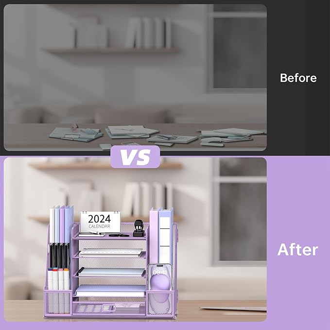SUPEASY Mesh Desk Organizer with File Holder, 5-Tier Paper Letter Tray Organizer with Magazine Holder, Desktop Organizer and Storage with Drawer for Office Supplies Home or School, Purple