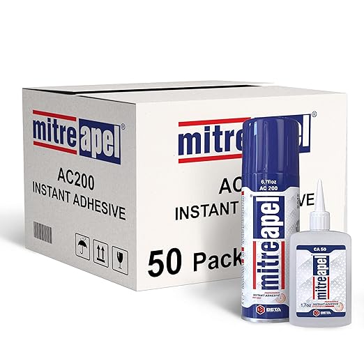 MITREAPEL Ca Glue with Activator (50 x 1.7 oz - 50 x 6.7 fl oz), Cyanoacrylate Super Glue for Plastic, Glass, Leather, Ceramic, Woodworking, DIY, 3D Printing - Instant Bond - 50 Pack