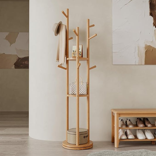 Solid Wood Rotary Coat Rack, Freestanding Coat Rack with 3 Shelves and 9 Hooks, Coat tree for Bedroom, Entryway, Livingroom, Coat Hanger Stand for Coats, Scarves, Handbags (Natural)