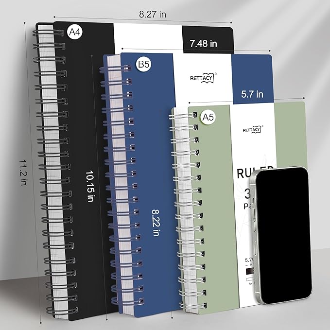 RETTACY Spiral College Ruled Notebook, 300 Pages, A4 Large Size (8.2" x 11.2"), for School, Work, Writing, Journaling, 100 GSM Thick Paper, Flexible Plastic Cover (Light Green)