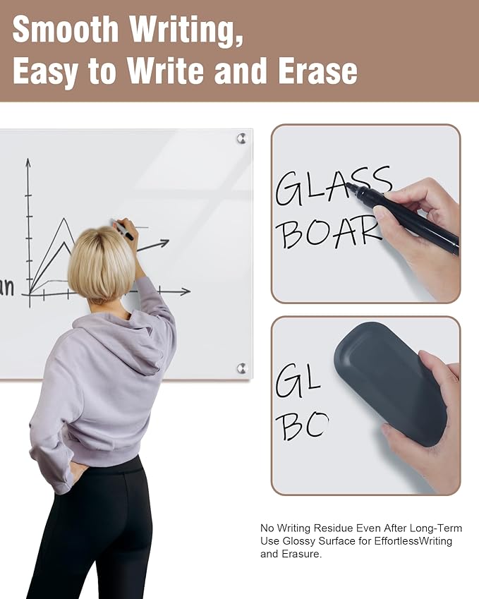 Magnetic Glass Whiteboard，48"x36" Wall Mounted Frameless Dry Erase Board for Office, Home & School Ultra White
