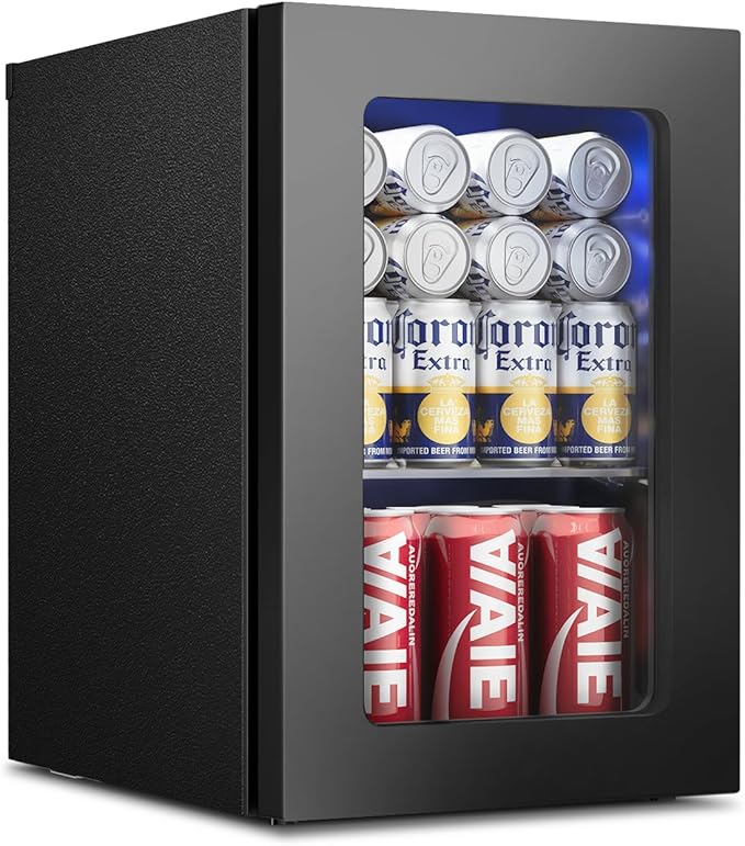 24 Cans Beverage Refrigerator Cooler - Mini Fridge with Glass Door, Soda Wine Beer Drink Fridge - Small Refrigerator for Office Home Bedroom Dorm Bar, Black