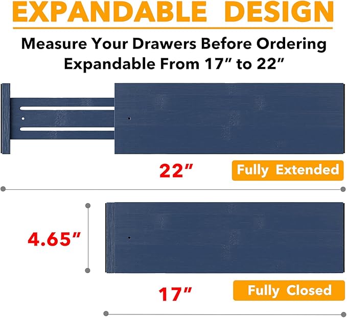 SpaceAid Bamboo Dresser Drawer Dividers 6 Pack, 4.65“ High Adjustable 17“-22” Drawer Organizers, Expandable Organization for Clothing, Clothes, Dressers, Navy Blue
