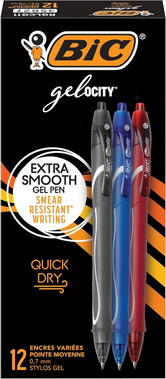 BIC Gelocity Quick Dry Assorted Colors Gel Pens, Medium Point (0.7mm), 12-Count Pack, Retractable Gel Pens With Comfortable Full Grip